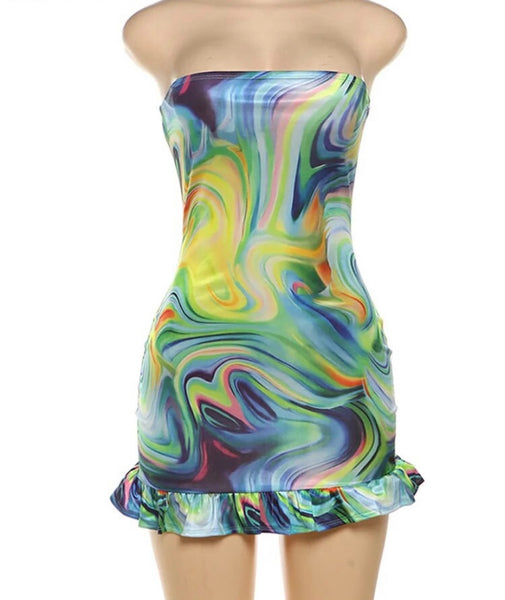 Women Multicolored Sexy Strapless Ruffled Dress