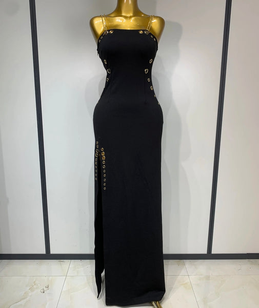Women Black Chain Sleeveless Metal Ring Sexy Maxi Dress