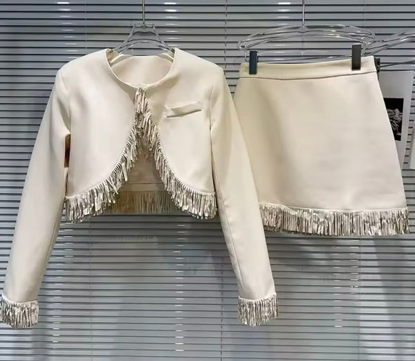 Women Sexy Fringe Full Sleeve Blazer Two Piece Skirt Set
