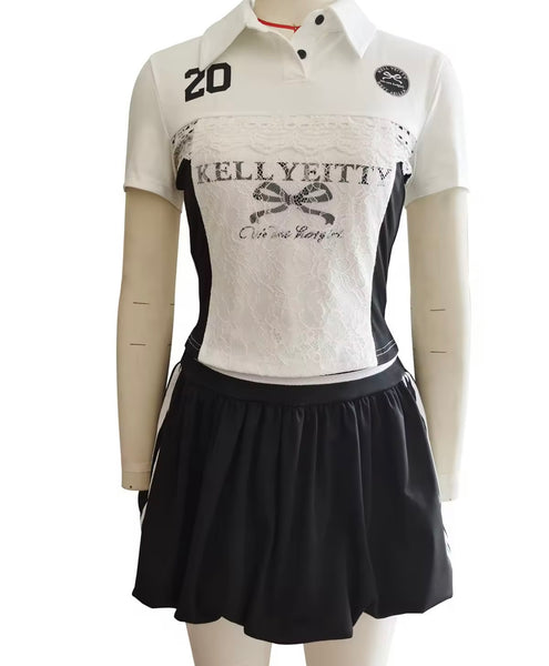 Women Letter Print Short Sleeve Two Piece Striped Skirt Set
