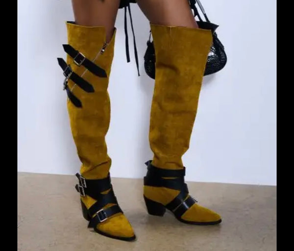 Women Fashion Suede Buckled Zipper Over The Knee Boots
