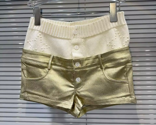 Women Fashion Gold Metallic Knitted Patchwork PU Button Up Shorts