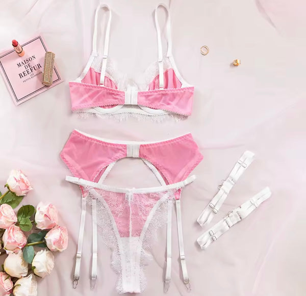 Women Sexy Pink & White Lace Mesh Lingerie Set