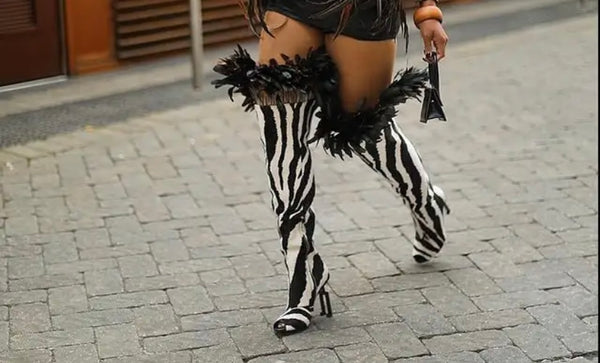 Women Fashion Open Toe B&W Printed Feather Over The Knee Boots