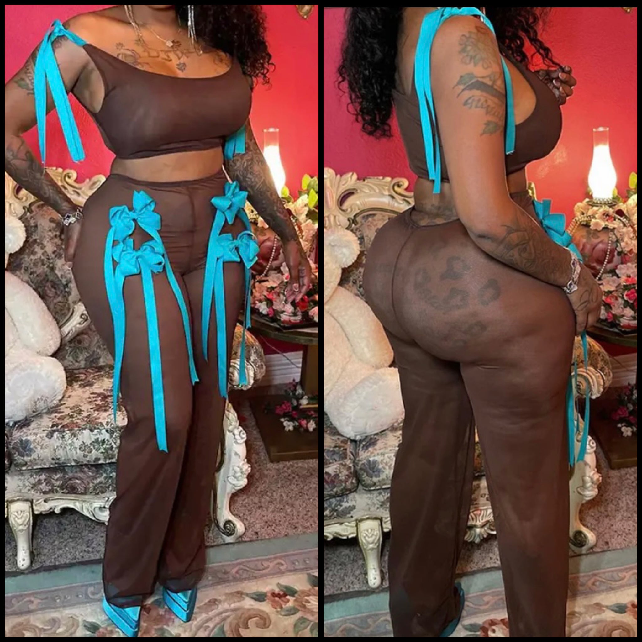 Women Brown Blue Bow Mesh Sexy Sleeveless Two Piece Pant Set