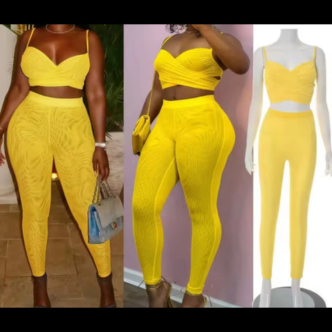 Women Yellow Sleeveless Sexy Mesh Two Piece Pant Set