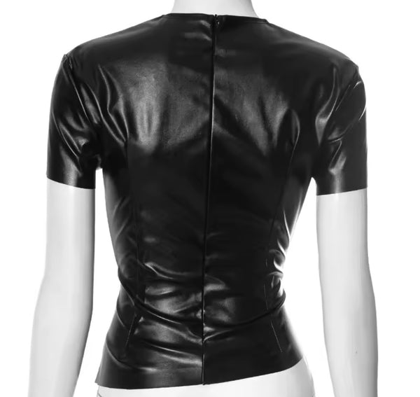 Women Fashion PU Short Sleeve Ruched Top
