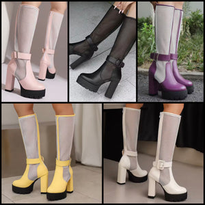 Women Color Buckled Mesh Platform Knee High Fashion Boots