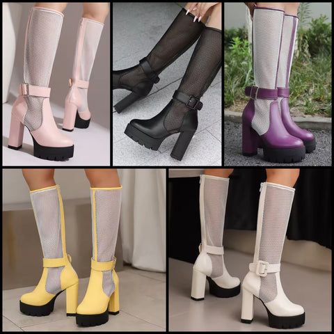 Women Color Buckled Mesh Platform Knee High Fashion Boots