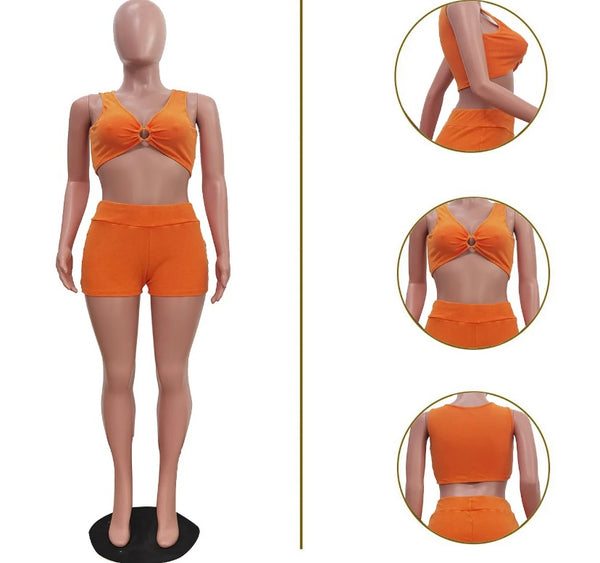 Women Ribbed Sleeveless Sexy Solid Color Two Piece Short Set