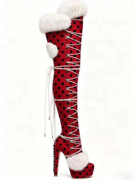 Women Fur Polka Dot Lace Up Over The Knee Platform High Heel Boots