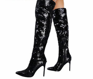 Women Fashion Knee High Sequins High Heel Boots