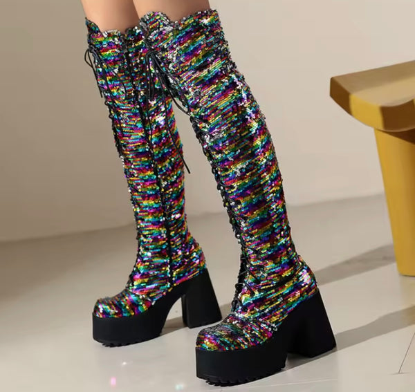 Women Fashion Platform Sequins Lace Up Knee High Boots