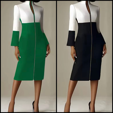 Women Color Patchwork Front Zipper Full Sleeve Dress