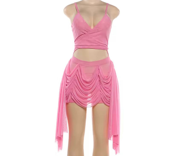 Women Sexy Sleeveless Pink Draped Tassel Mesh Dress