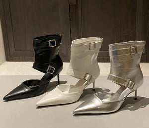 Women Fashion Pointed Toe Buckled High Heel Ankle Boots