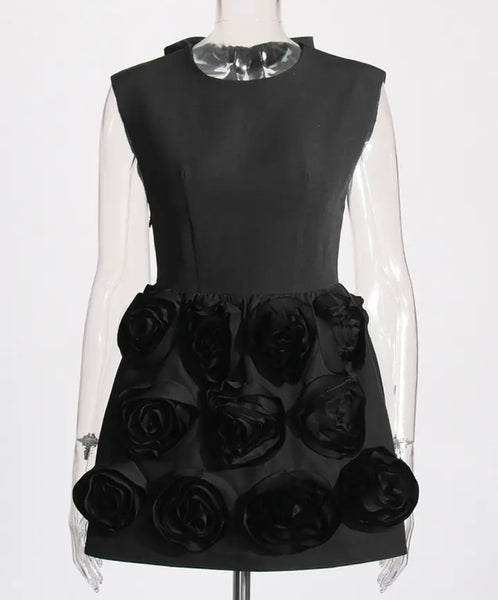 Women Black Sexy Sleeveless 3D Floral Open Back Dress