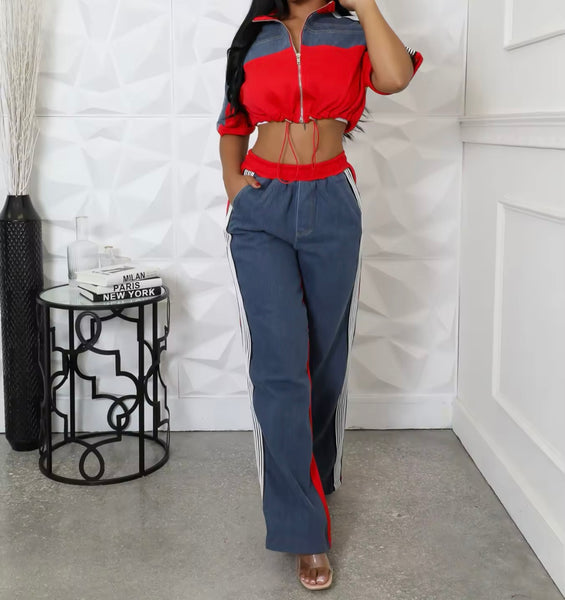 Women Fashion Color Patchwork Zip Up Short Sleeve Two Piece Pant Set