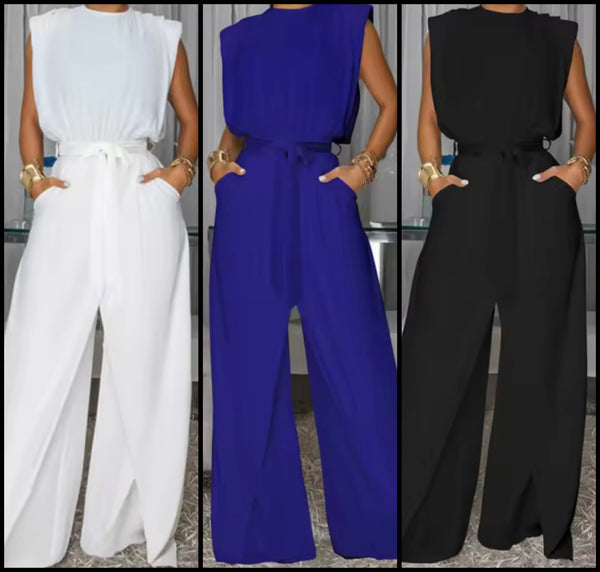 Women Color Sleeveless Fashion Belted Jumpsuit
