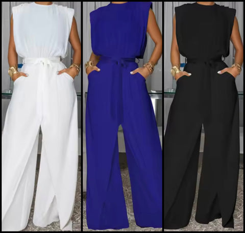 Women Color Sleeveless Fashion Belted Jumpsuit