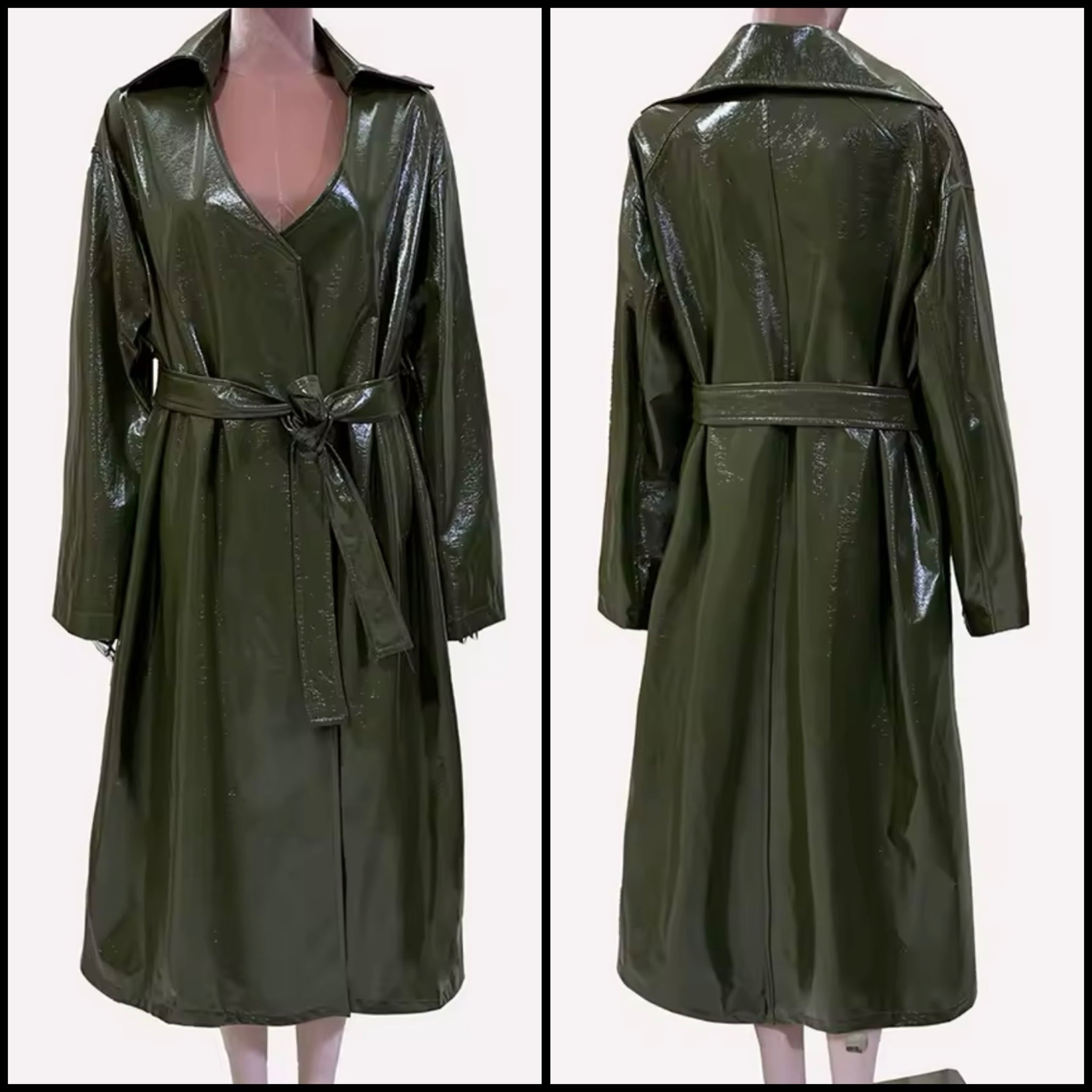 Women Fashion Green Faux Leather Belted Trench Jacket