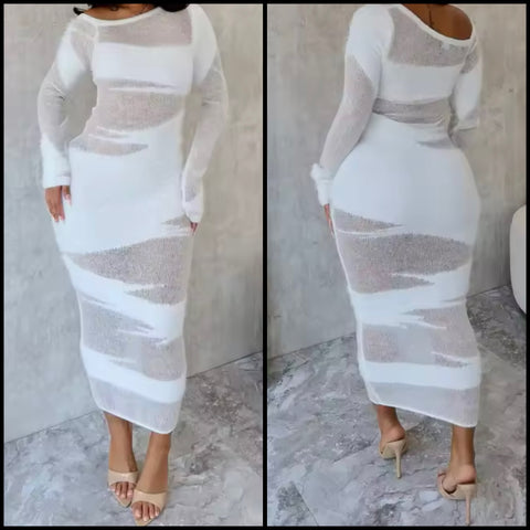 Women White Full Sleeve Sexy Mesh Patchwork Maxi Dress