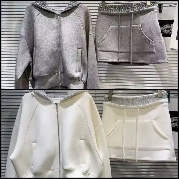 Women Zip Up Hooded Sequins Patchwork Two Piece Skirt Set