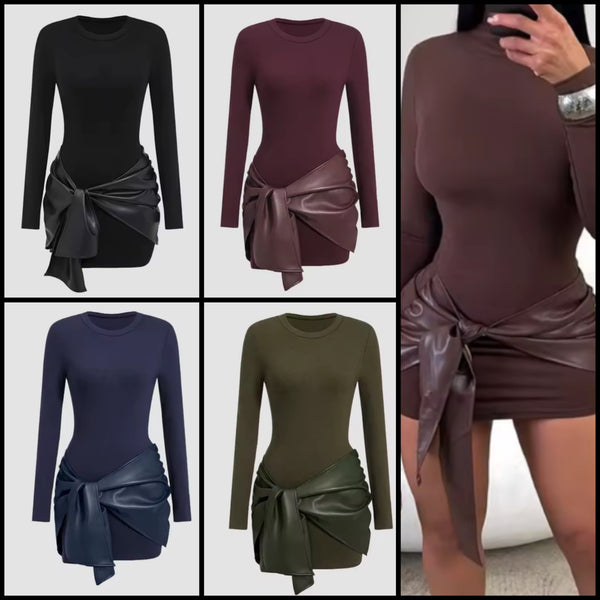 Women Color Fashion Faux Leather Wrap Full Sleeve Dress