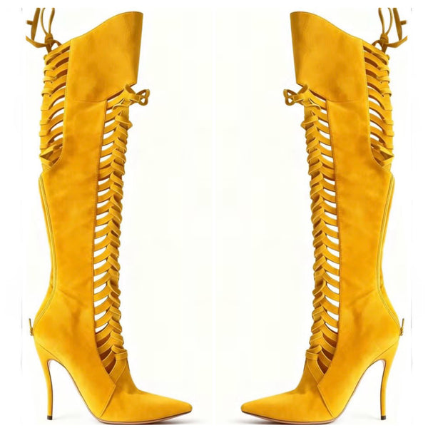 Women Color Fashion Pointed Toe Tie Up Suede Knee High Boots
