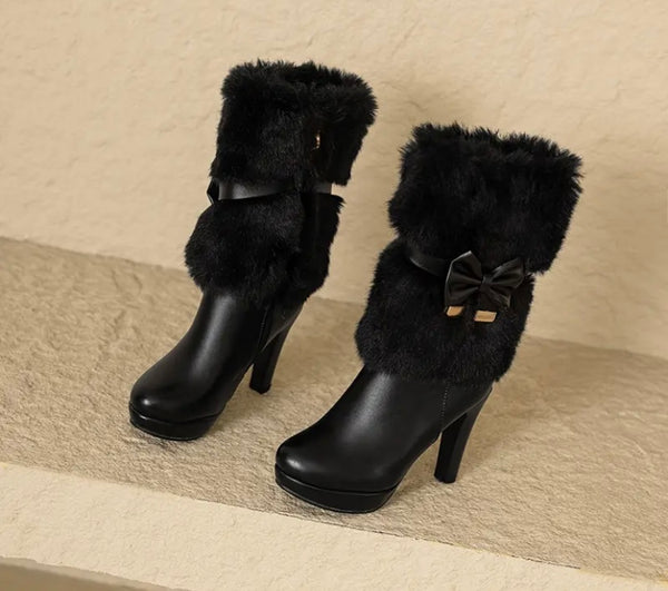 Women Fashion Fur Faux Leather Bow Ankle Boots