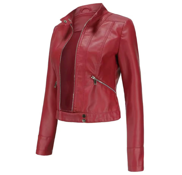 Women Color Zip Up Faux Leather Jacket