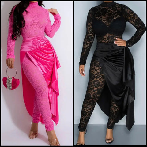 Women Sexy Full Sleeve Satin Asymmetrical Lace Jumpsuit