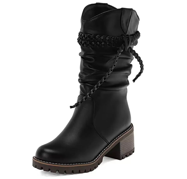 Women Fashion Ruched Rope Faux Leather Ankle Boots