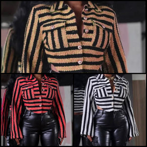 Women Full Sleeve Button Up Color Patchwork Striped Fashion Top