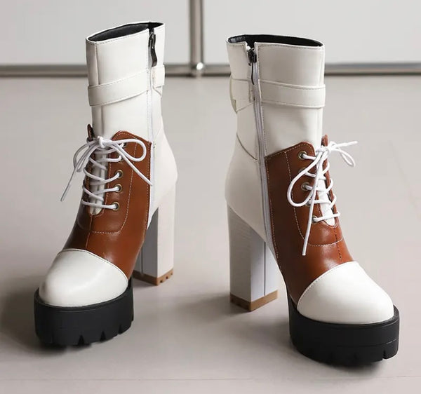 Women Fashion Color Patchwork Lace Up Platform Ankle Boots