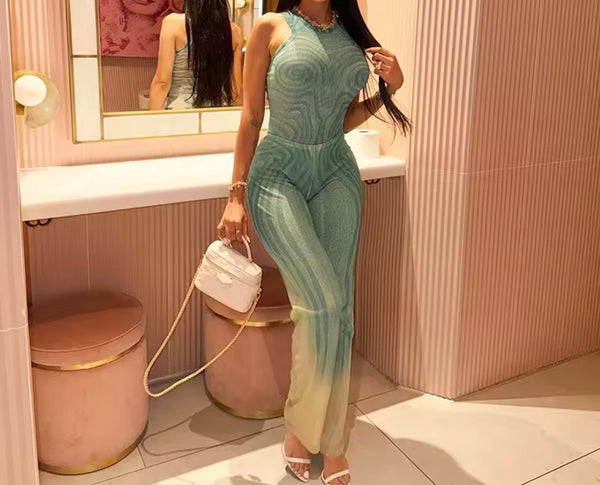 Women Sexy Sleeveless Printed Mesh Bodysuit Two Piece Pant Set