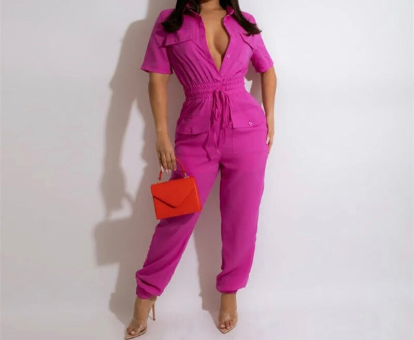 Women Fashion Button Up Short Sleeve Drawstring Jumpsuit
