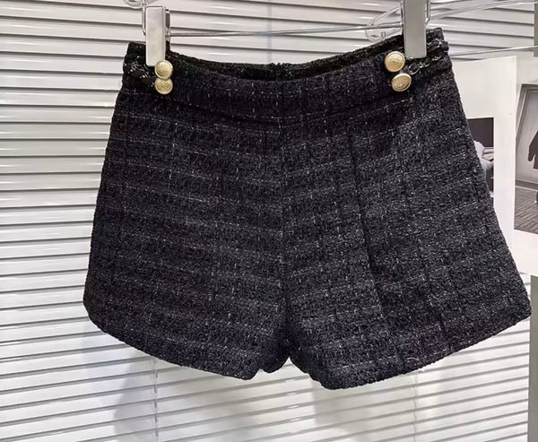 Women Black Gold Button Full Sleeve Blazer Tweed Two Piece Short Set