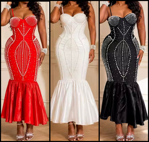 Women Sexy Sleeveless Pearl Rhinestone Mermaid Maxi Dress