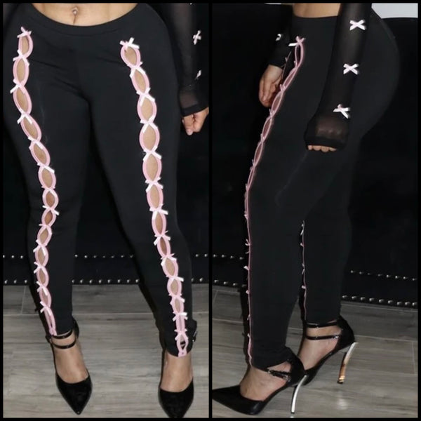 Women Black Pink Bow Fashion Stretch Pants