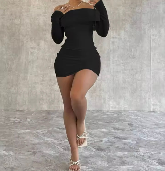 Women Sexy Solid Color Off The Shoulder Full Sleeve Dress