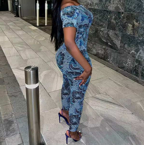 Women Sexy Off The Shoulder Short Sleeve Blue Printed Jumpsuit