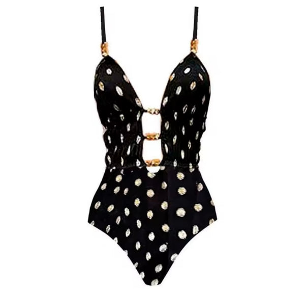 Women Black Polka Dot Sexy Swimsuit Cover Up Set
