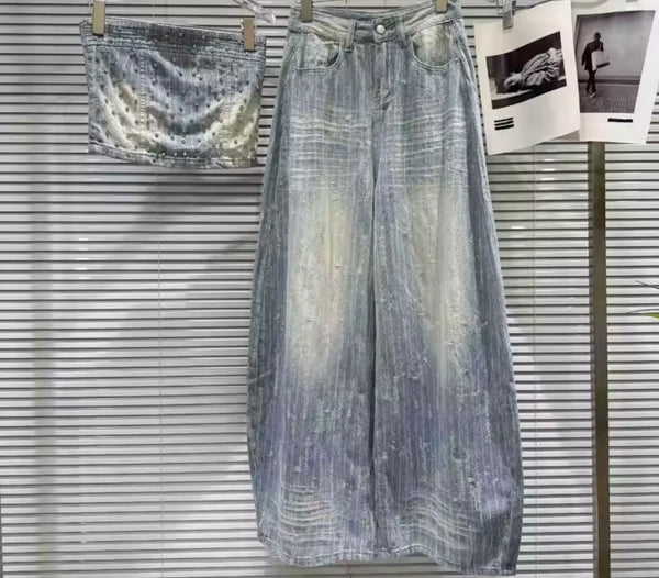 Women Strapless Rhinestone Patchwork Denim Two Piece Pant Set