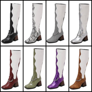 Women Fashion Faux Leather Color Patchwork Chain Knee High Boots