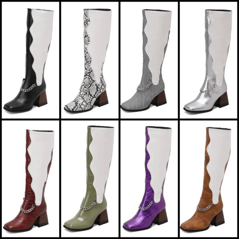 Women Fashion Faux Leather Color Patchwork Chain Knee High Boots