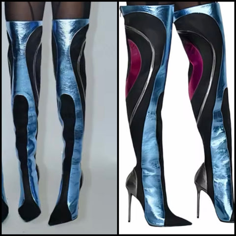 Women Fashion Color Patchwork Over The Knee Boots