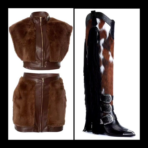 Women Fashion Fringe Buckled Knee High Western Boots