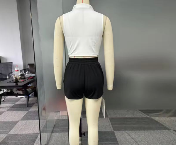 Women Fashion Zip Up Sleeveless Striped Two Piece Short Set