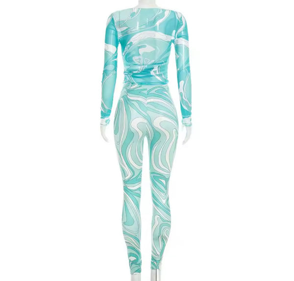 Women Printed Mesh Full Sleeve Fashion Two Piece Pant Set
